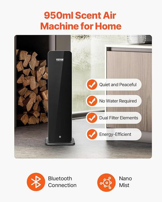 VEVOR 950ml Scent Air Machine, 2500sq.ft Waterless Essential Oil Diffuser with Bluetooth Smart Connection, Floor Standing Cold Scent Air Diffuser Machine for Large Room Hotel Office Home