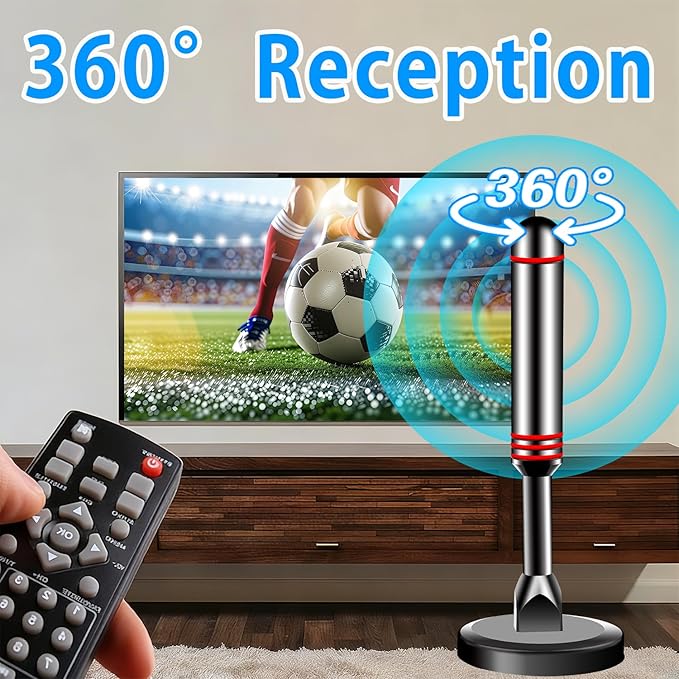 TV Antenna for Smart TV Indoor, 2024 Newest Antenna with Strong Magnetic Base, 360°&Long Range Reception TV Antenna for Local Channels, Easy Setup Antenna for TV Without Cable (Black+Red)
