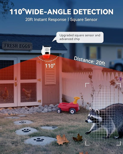 PILSAMAS 2-Pack Solar Motion Sensor Alarm - Custom Voice Upload, Deer & Raccoon Deterrent, Motion Activated Voice Player & Strobe Light, IP65 for Chicken Coop, Pool Gate, Garage, Farm Protection