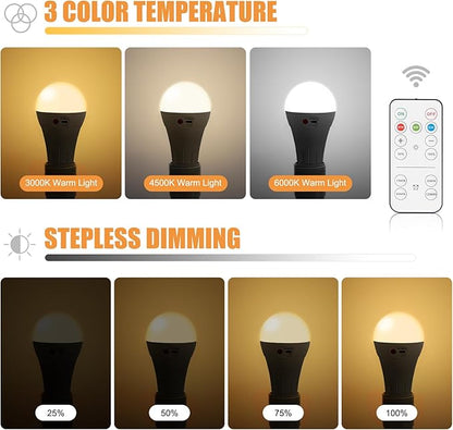 Vitnucrol 2 Pack Rechargeable Light Bulbs with Remote, E26 Wireless Battery Operated Light Bulb for Lamps, 2600mAh 3 Colors Dimmable Emergency LED Light Bulbs, 7W, 300LM