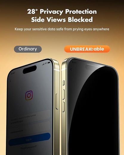 UNBREAKcable Privacy Screen Protector for iPhone 15 Plus, Anti-Spy Shatterproof Tempered Glass [True 28°Anti Spy] [9H Hardness] [Easy Installation Frame] Black Protector for iPhone 6.7" - 2 Pack