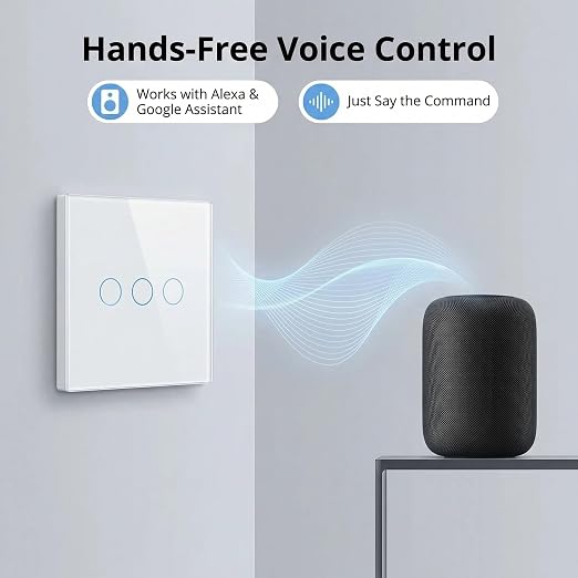 3-Way Smart Switch Wall Light Control Touch,App Remote Control,White | 3-Way WiFi BT 433MHz RF Tuya App control, Alexa Google voice, no hub, tempered glass touch panel for home indoor lights