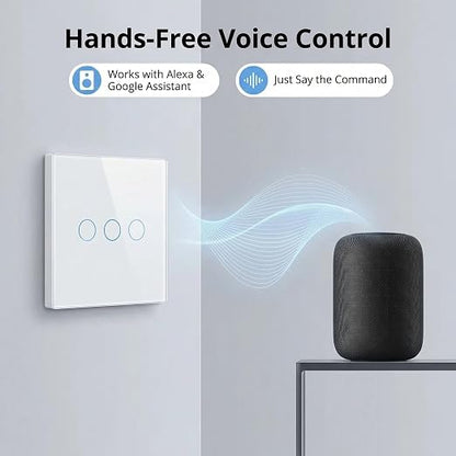 3-Way Smart Switch Wall Light Control Touch,App Remote Control,White | 3-Way WiFi BT 433MHz RF Tuya App control, Alexa Google voice, no hub, tempered glass touch panel for home indoor lights