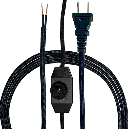 Royal Designs, Inc. Lamp Cord Molded Plug with Dimmer Switch, Stripped Ends Ready for Wiring, 8 ft long, Black, SPT-1 UL Listed (CO-5001D-BLK-8-1)
