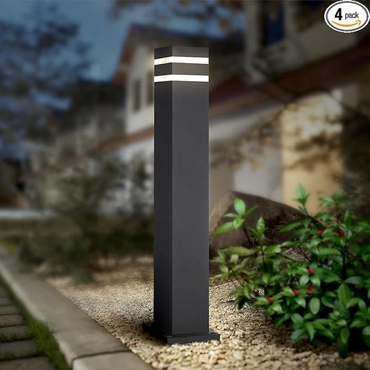 ASD 24" Square Bollard Light Fixture, Outdoor Pathway Floor Lamp | Antiglare, Waterproof, ETL Listed | 60W E26 Bulb Socket 120V | Landscape Hardwired Lighting, Exterior Post Lantern | Black, 4 Pack