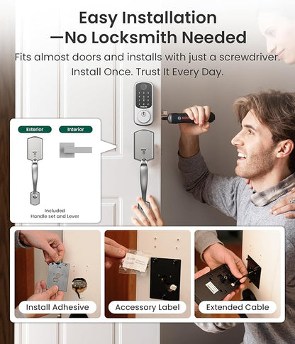 DESLOC B200 Fingerprint Front Door Lock Set with Durable Handleset, Keyless Entry Deadbolt, Electronic Keypad, App Control, Easy Installation, Designed for a Modern and Stylish DESLOC Home, Silver