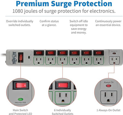 Tripp Lite 7-Outlet Surge Protector Power Strip with 6 Individually Controlled Switches, 6 Foot / 1.83M Cord, Lifetime Limited Warranty & $25,000 Insurance (TLP76MSG)