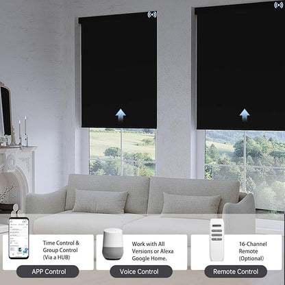 Motorized Blinds with Remote, Blackout Smart Blinds for Windows Automatic Roller Shades Compatible with Alexa, Motorized Shades Customized for Bedroom Home Office (Blackout-Fabric Black)
