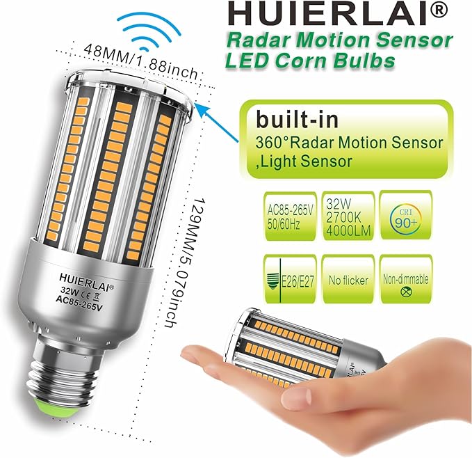 Radar Motion Sensor LED Light Bulbs, 32W Warm White 2700K 4000LM (300 Watt Equivalent) Auto Motion Detector Activated Dusk to Dawn Light for Stairway, Hallway, Porch, Garage, Driveway, Patio, 2 Pack