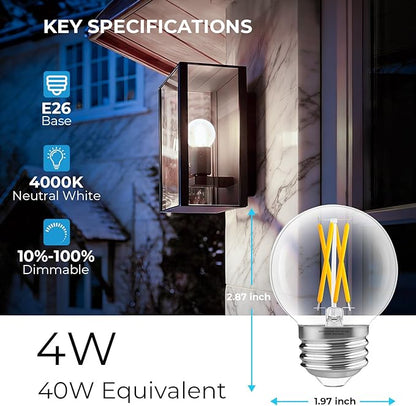GvvooHome Dimmable G16.5 Light Bulb 4000K Neutral White, 4W, 40 watt Equivalent, E26 LED Globe Bulb, Round Edison Bulbs for Ceiling Fan, Chandeliers, 90+CRI 400LM, 12 Pack