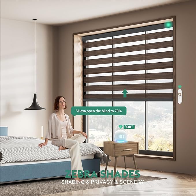 Motorized Zebra Blinds with Remote, Work with HomeKit Alexa Automatic Electric Window Shades 80% Blackout Light Filtering for Smart Home and Office, Customized Size Wooden Texture Brown