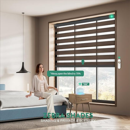 Motorized Zebra Blinds with Remote, Work with HomeKit Alexa Automatic Electric Window Shades 80% Blackout Light Filtering for Smart Home and Office, Customized Size Wooden Texture Brown