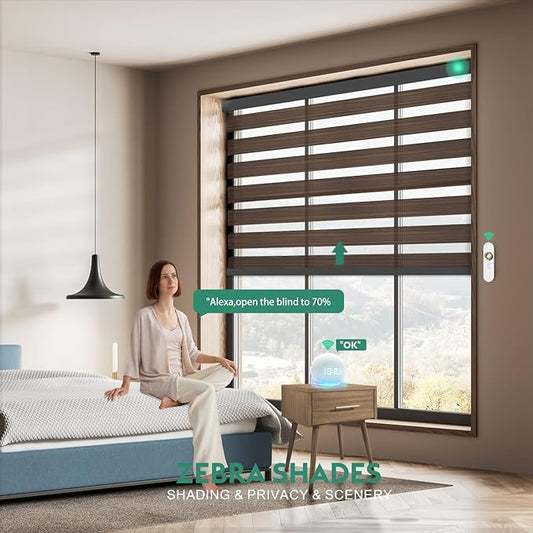 Motorized Zebra Blinds with Remote, Work with HomeKit Alexa Automatic Electric Window Shades 80% Blackout Light Filtering for Smart Home and Office, Customized Size Wooden Texture Brown