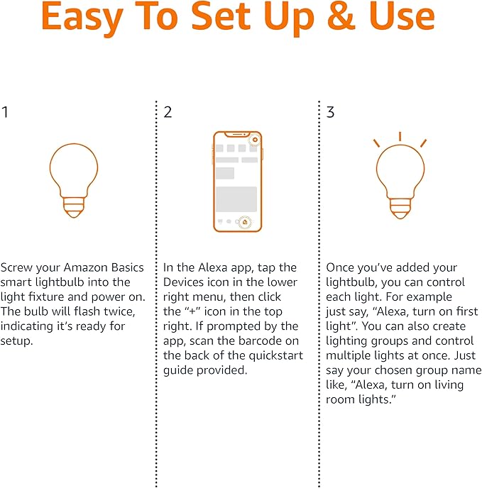 Amazon Basics Smart A19 LED Light Bulb, Dimmable Soft White (2700K), 9W (60W Equivalent), 800LM, Energy Efficient, Works with Alexa Only, 2.4 GHz Wi-Fi, No Hub Required, 4-Pack