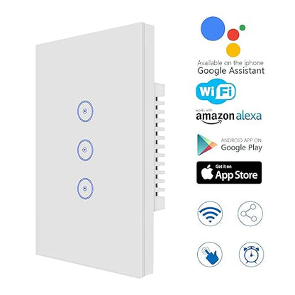 Jinvoo WiFi Wall Light Touch Panel Switch, 3 Way, Remote Control by Smart Phone,No Hub Required, AC 120V, Works with Amazon Echo, Google Home, White