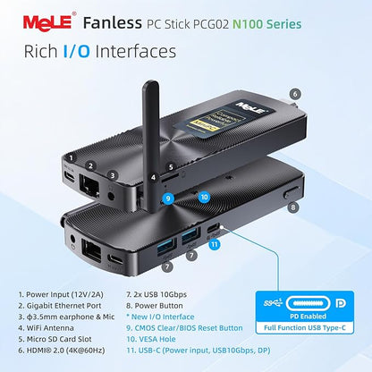 MeLE PCG02 N100 Mini PC Stick 8GB LPDDR5 128GB eMMC, Win11Pro Fanless Micro Desktop Computer Stick, Support HDMI + USB-C 4K Dual Display, 2.4G/5GHz WiFi BT5.1 GbE, for IoT, Digital Signage, Office
