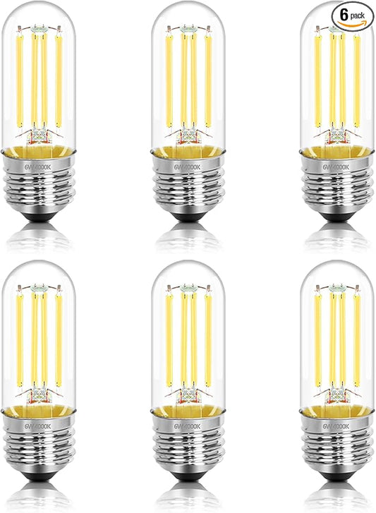 3.2 Inch 4000K Neutral White E26 LED Bulb 60 Watt Equal, AC 120V 600LM Edison Bulbs Dimmable, 6W T10 Tubular Filament Light Bulbs Clear Glass for Fan Pendant Wall Light, UL Certified-6 Pack