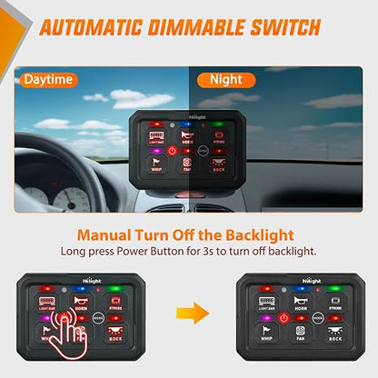 Nilight 6 Gang Switch Panel Green 12V 60A Circuit Control System 4-Mode | Fuse Wiring Harness Automatic Dimmable LED Pod Toggle/Momentary/Strobe/Flash Modes for Car Pickup Truck Camper SUV