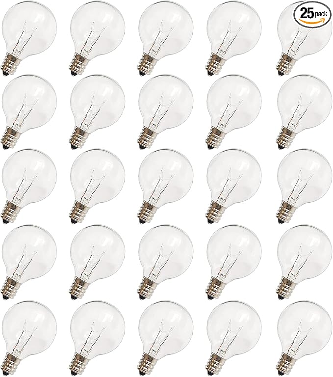 G40 Replacement Light Bulbs, 120V 5W Clear Globe Bulb, E12 C7 Candelabra Base, 1.5 Inch Glass Incandescent Bulbs for Indoor Outdoor Patio String Lights, Warm White -25 Pack
