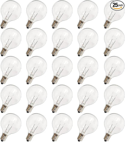 G40 Replacement Light Bulbs, 120V 5W Clear Globe Bulb, E12 C7 Candelabra Base, 1.5 Inch Glass Incandescent Bulbs for Indoor Outdoor Patio String Lights, Warm White -25 Pack