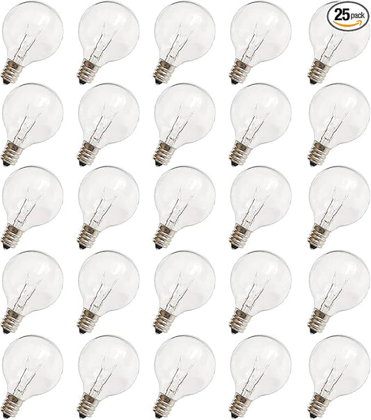 G40 Replacement Light Bulbs, 120V 5W Clear Globe Bulb, E12 C7 Candelabra Base, 1.5 Inch Glass Incandescent Bulbs for Indoor Outdoor Patio String Lights, Warm White -25 Pack