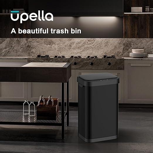 13 Gallon Stainless Steel Touchless Sensor Trash Can with, Wide Rectangular Design, Brushed Finish – Automatic Lid for Home, Office, Kitchen, Bathroom, and Commercial Use (Black)