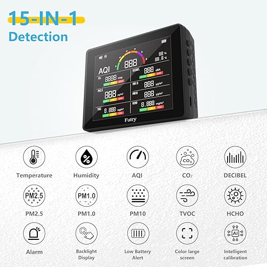 15 in 1 Air Quality Monitor Indoor with Large Display, CO2 Detector & Decibel Meter for PM2.5 PM1.0 PM10 TVOC HCHO Temp Humidity, Professional Portable Real-Time Detector for Home Office Bedroom Pets