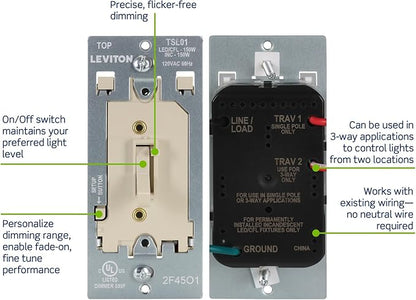 Leviton Toggle Slide LED Advanced Dimmer Switch for 150W Dimmable LED, Halogen and Incandescent Bulbs and Fixtures, TSL01-I, Ivory