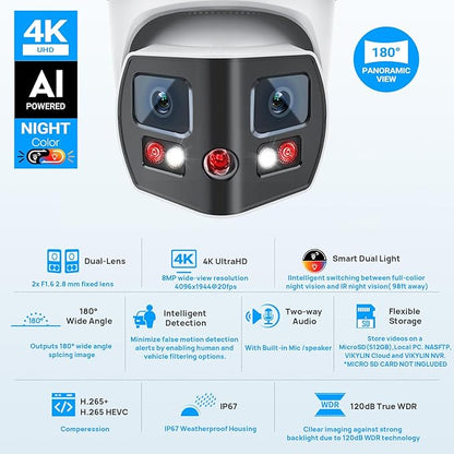 VIKYLIN 4K 8MP Dual Lens Poe IP Security Camera Outdoor with 180° Panoramic Wide Angle, Full Color/EXIR2.0 Night Vision,Human/Vehicle Detection,2-Way Talk, Micro SD(512G),IP67,Blue Iris,NDAA Compliant