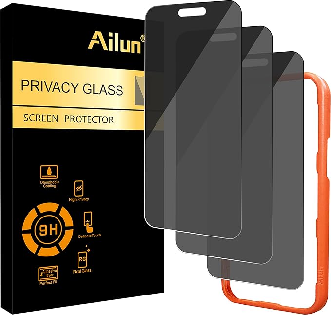 Ailun 3 Pack 4 Way 360 Degree Privacy Screen Protector for iPhone 16 Pro Max [6.9 inch], Face ID Sensitive,4 Directions Horizontal and Vertical All Around Anti Spy Tempered Glass Film[9H Hardness]-HD