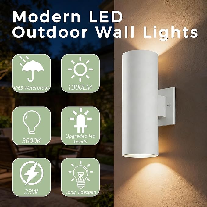 Dusk to Dawn Outdoor Wall Lights, 12'' Up and Down LED Cylinder Exterior Lighting Fixtures, 23W 3000K IP65 Waterproof Wall Sconces for House, Garage, Patio, Porch, 2 Pack White