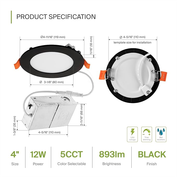 ASD 6 Pack LED Recessed Lighting 4 Inch, 5 CCT 2700K-5000K CRI90+, 12W 50W Eqv, Ultra Thin Dimmable Ceiling Lights with J Box, Canless Wafer Downlight, Round Slim Panel Light, UL Energy Star, Black