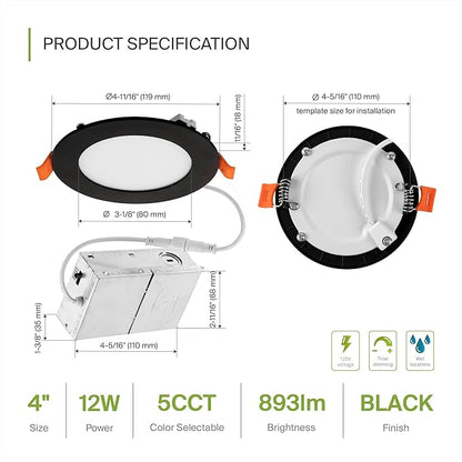 ASD 6 Pack LED Recessed Lighting 4 Inch, 5 CCT 2700K-5000K CRI90+, 12W 50W Eqv, Ultra Thin Dimmable Ceiling Lights with J Box, Canless Wafer Downlight, Round Slim Panel Light, UL Energy Star, Black