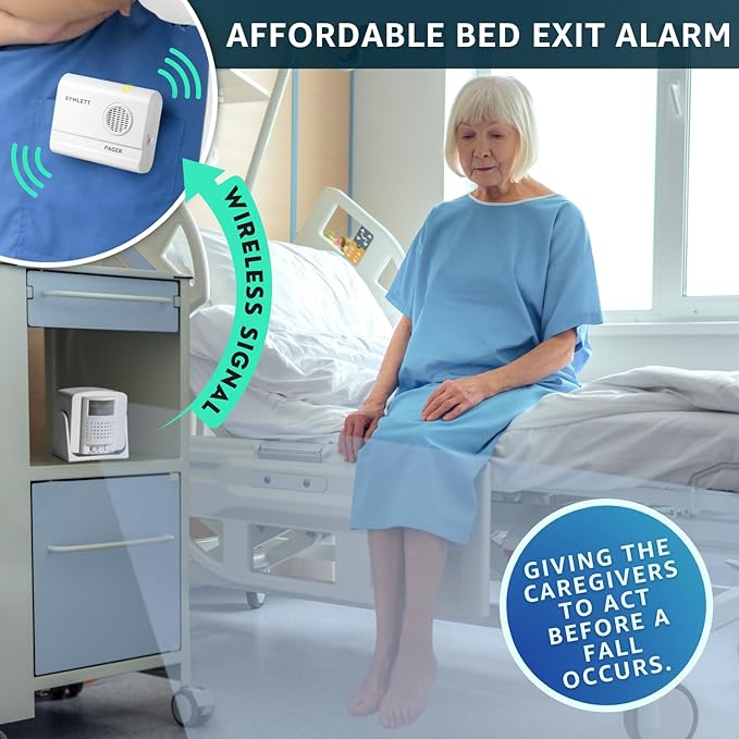 Bed Alarm Caregiver Pager with Wireless Motion Sensor Alarm Indoor Fall Prevention for Elderly Monitoring Seniors Dementia Patients Seniors Home Door Chime