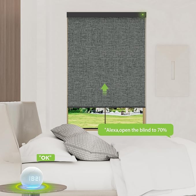 Motorized Blinds with Remote，100% Blackout Smart Blinds Motorized Roller Shades Compatible with Alexa Automatic Blinds for Windows Electric Window Blinds Customized Size Deep Gray Mist