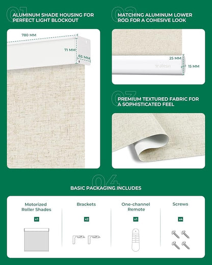 Allesin Motorized Blinds with Remote Smart Blackout Roller Shades | All-in-One & Ultra-Quiet Automatic Electric Power Blinds for Home Office, Sand-Linen 34x72