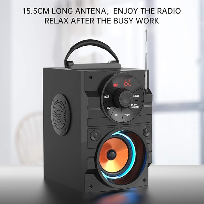 Portable Big Bluetooth Speakers with Light, Wireless with Subwoofer, FM Radio, LED Lights, EQ, Booming Bass, Bluetooth 4.2 Stereo Loud Outdoor/Indoor Retro, for Home, Camping, Travel, Black