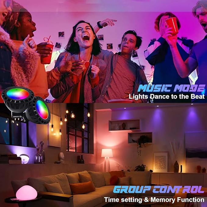 MR16 LED Bulb Dimmable Color Changing 12 V, RGBCW Bluetooth Light Bulb 6W Smart GU5.3 LED Bulb, Lights Dance to the Beat for Outdoor Landscape, Hotel, Living Room, Bedroom, Office, 1Pack