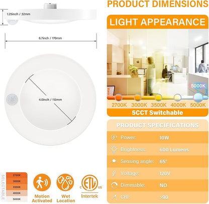 4 Inch Field Selectable 5CCT LED Motion Sensor Ceiling Light, 120V Wired Closet Light, 10 Watts, 600Lm, CRI80+, Non-dimmable, ETL Certified, Wet Location, Round/White, 10 Pack