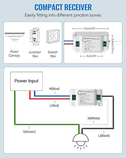 2 Pack Wireless Light Switch and Receiver Kit, WILAWELS Wireless On Off Switches for Ceiling Light, Lamp, Moveable Remote Wall Switch, 100FT Range, No in-Wall Wiring Required, Expandable W06RC11P206