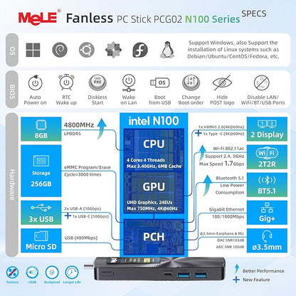 MeLE PCG02 N100 Mini PC Stick 8GB LPDDR5 256GB eMMC, Win11Pro Fanless Micro Desktop Computer Stick, Support HDMI + USB-C 4K Dual Display, 2.4G/5GHz WiFi BT5.1 GbE, for IoT, Digital Signage, Office