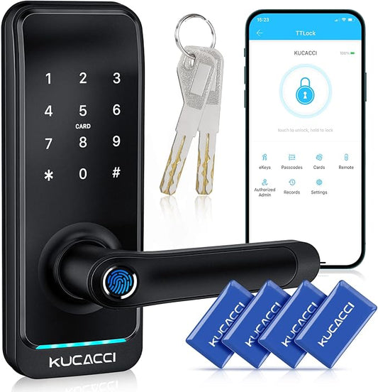 Keyless Entry Smart Lock with Handle: Kucacci Smart Door Lock with Keypad - Digital Fingerprint Lock with Keypad -APP Control for Exterior Door- Easy Retrofit Knob Deadbolt Lever
