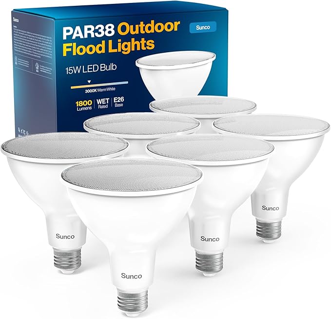 Sunco 6 Pack Outdoor Flood Light Bulbs, PAR38 LED Waterproof Lighting, 1800 LM, 15W (150W Equivalent), 3000K Warm White, Dimmable, E26 Base, Wet Rated, for Porch Landscape Driveway Garage Yard, UL