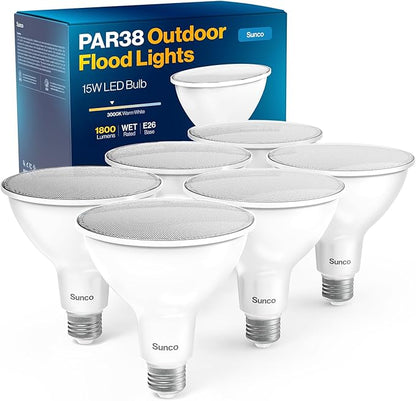 Sunco 6 Pack Outdoor Flood Light Bulbs, PAR38 LED Waterproof Lighting, 1800 LM, 15W (150W Equivalent), 3000K Warm White, Dimmable, E26 Base, Wet Rated, for Porch Landscape Driveway Garage Yard, UL