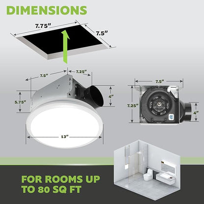 Homewerks 7141-80 Bathroom Fan Integrated LED Light Ceiling Mount Exhaust Ventilation 1.1 Sones 80 CFM, White
