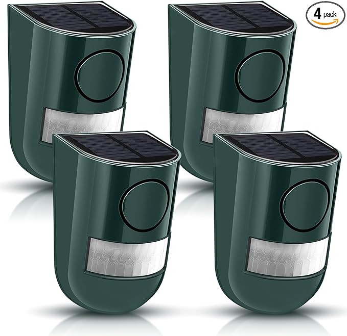 Qualirey Solar Sound and Light Alarm Motion Sensor 129db Outdoor Security Siren Waterproof Activated Detector Driveway Alarm 6 LEDs Flash Warning Deterrent Strobe System for Home, Farm(Green,4 Pack)