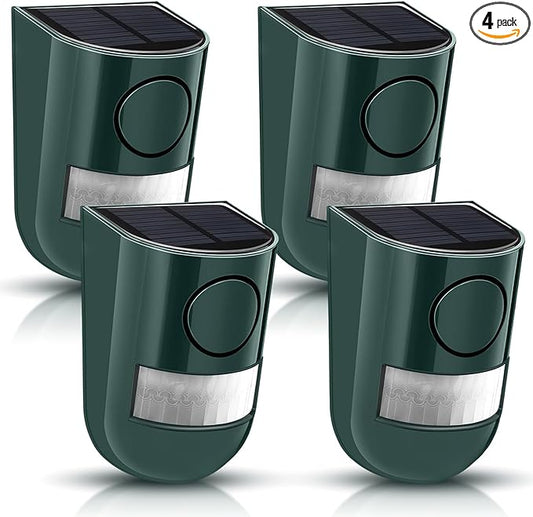 Qualirey Solar Sound and Light Alarm Motion Sensor 129db Outdoor Security Siren Waterproof Activated Detector Driveway Alarm 6 LEDs Flash Warning Deterrent Strobe System for Home, Farm(Green,4 Pack)