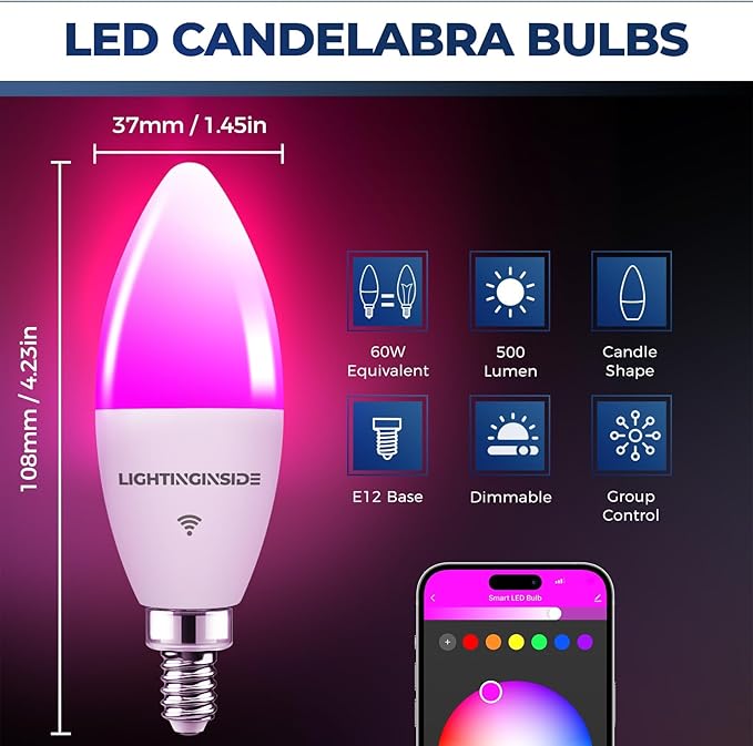 Lightinginside E12 Smart Light Bulbs 60W Equivalent, 2.4G WiFi Only, 500LM 6W WiFi E12 LED Bulb Compatible with Alexa/Google Assistant, 84+CRI, Candelabra Bulb, No Hub Required, ETL Listed,1PC