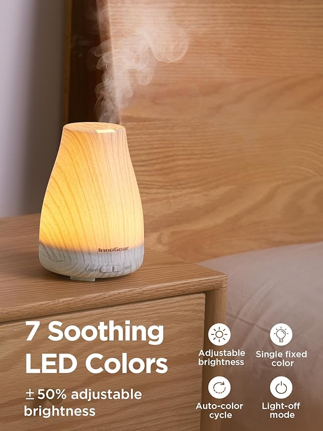 InnoGear Essential Oil Diffuser, Ultrasonic Diffusers for Home Aromatherapy Humidifier for Mother's Gift Bedroom Room 7 Colors LED 2 Mist Mode Auto Off, White Grey