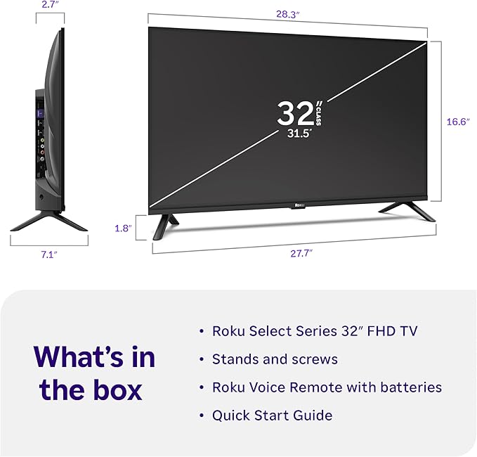Roku Smart TV 2026 – 32-Inch Select Series, 1080p Full HD TV – Roku TV with Voice Remote – Flat Screen LED Television with Wi-Fi for Streaming Live Local News Sports & Movies, Bluetooth Headphone Mode